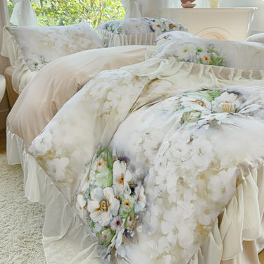 Elegant White Green Floral Print Cotton Bedding Collection with Ruffles